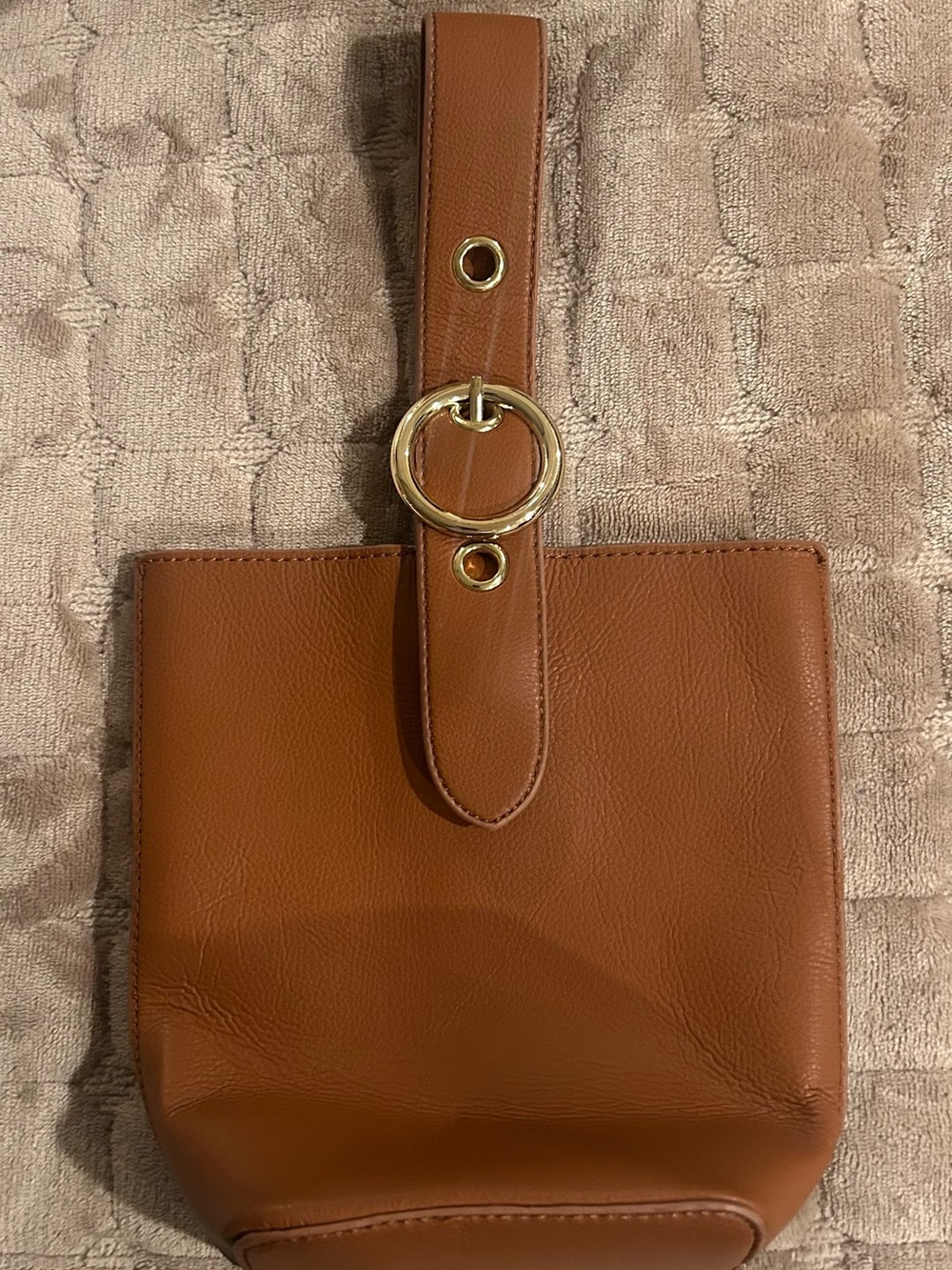 Barney’s Mahogany Brown Leather Wristlet Bag with Gold Ring Accent